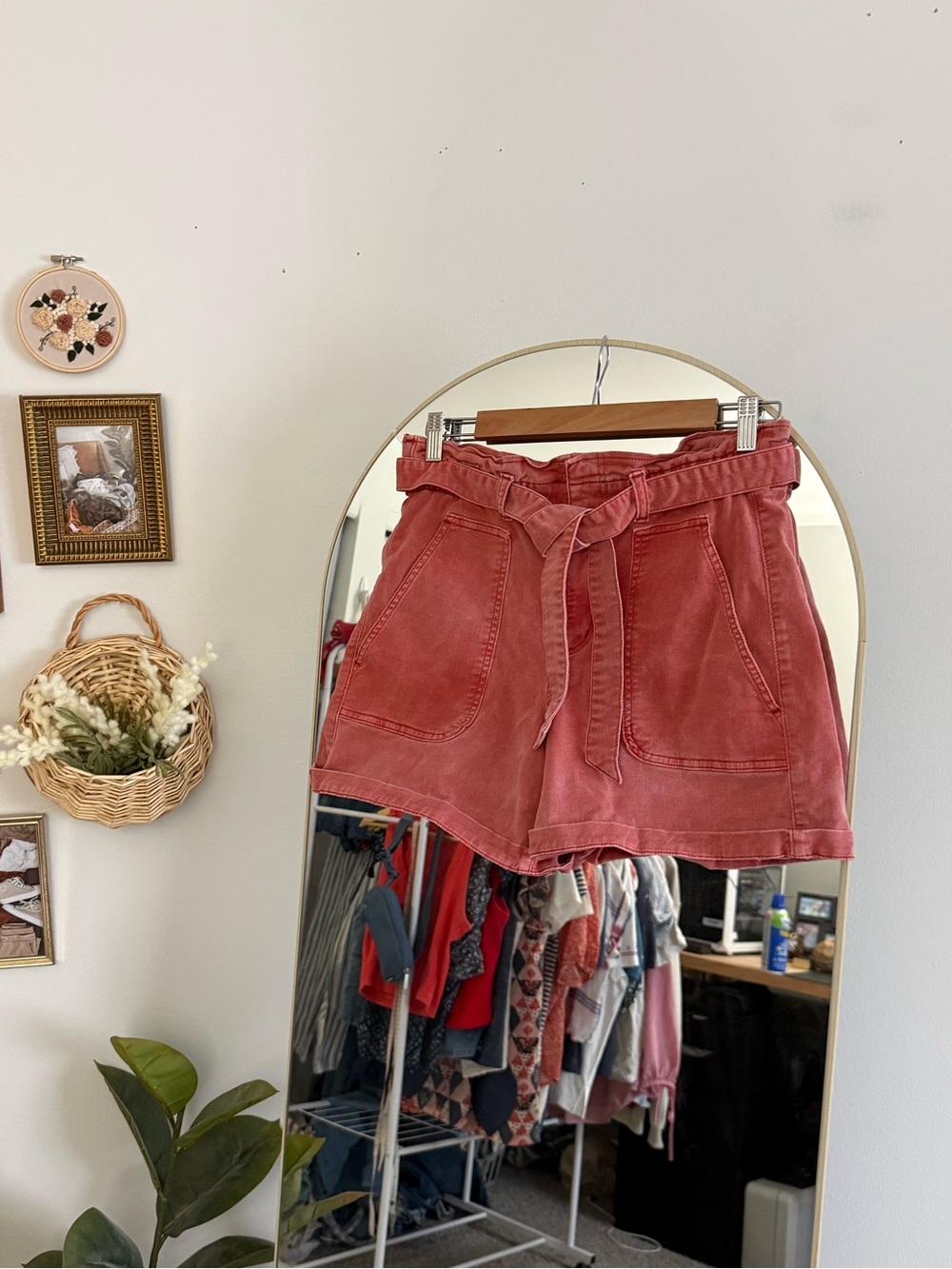LOFT Coral Red High-Waist Paperbag Belted Shorts - Picture 3 of 9